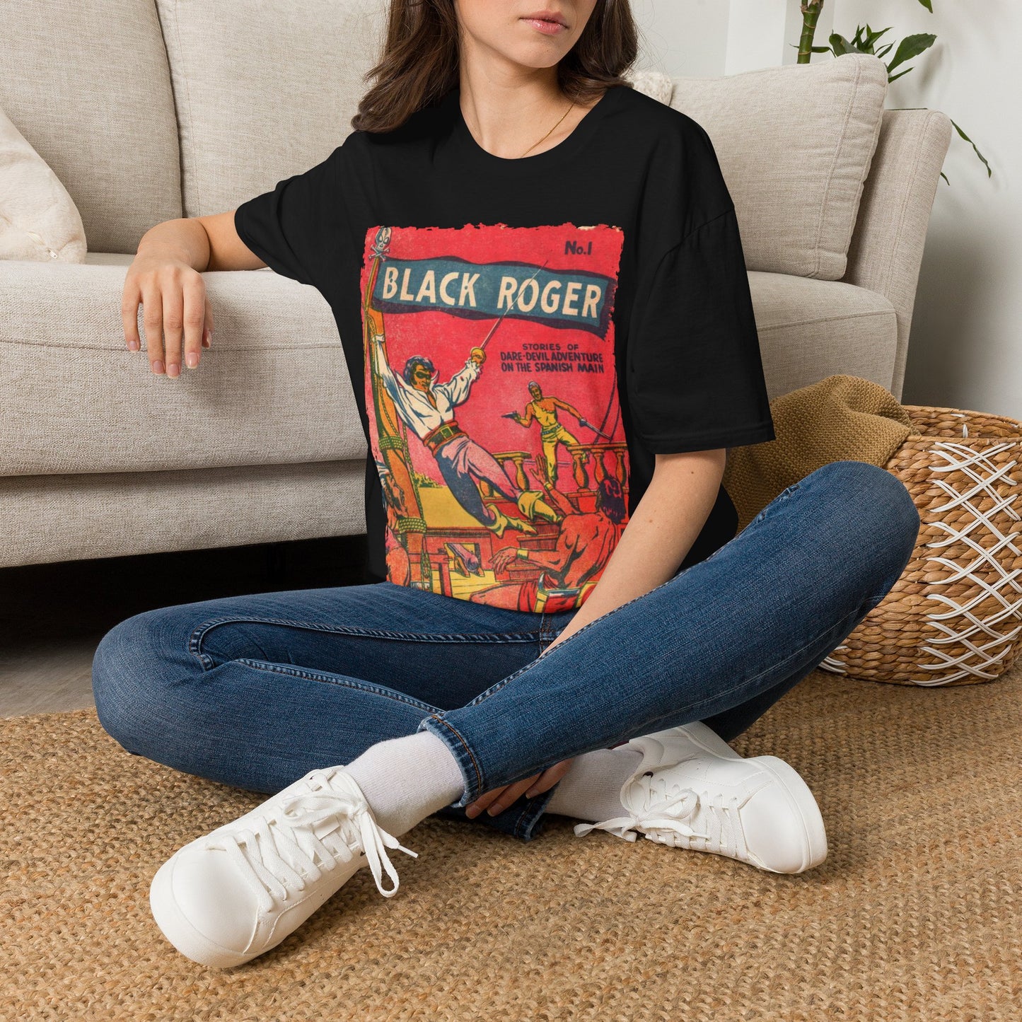 Close-up of the Black Roger No.1 unisex softstyle T-shirt's neckline and smooth fabric texture from a slight angle