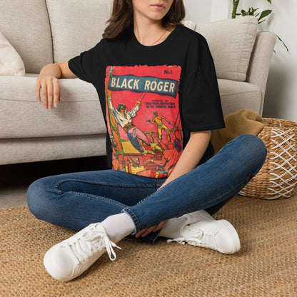 Close-up of the Black Roger No.1 unisex softstyle T-shirt's neckline and smooth fabric texture from a slight angle