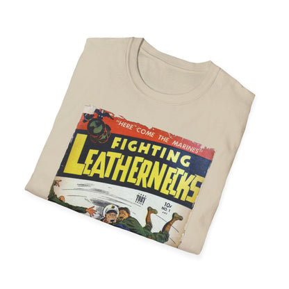 Close-up of the unisex softstyle T-shirt's neckline and sleeve seam showcasing smooth stitching and fabric detail in heather