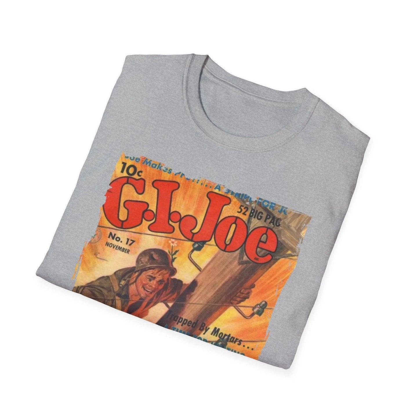 Close-up of the G.I. Joe No.17 unisex softstyle T-shirt neckline showing smooth fabric texture and stitched collar detail.