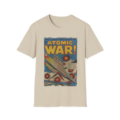 Close-up of black atomic-themed graphic print on the front chest area of the unisex softstyle T-shirt, highlighting vibrant