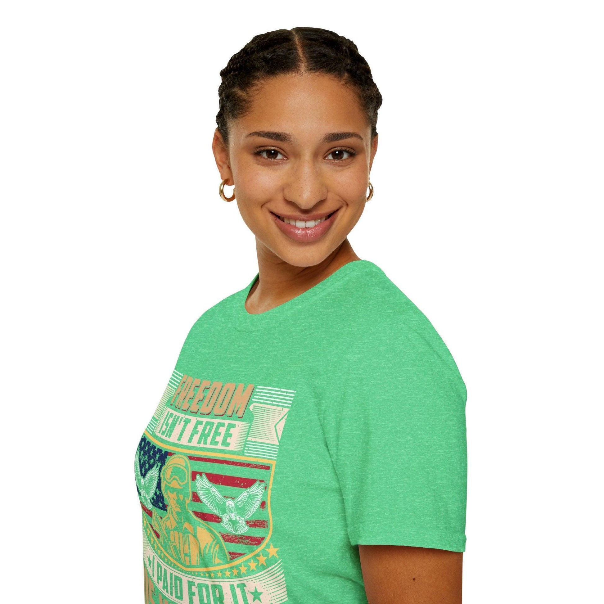 Close-up of the unisex softstyle fabric texture and relaxed fit in navy, highlighting the smooth cotton-blend material from