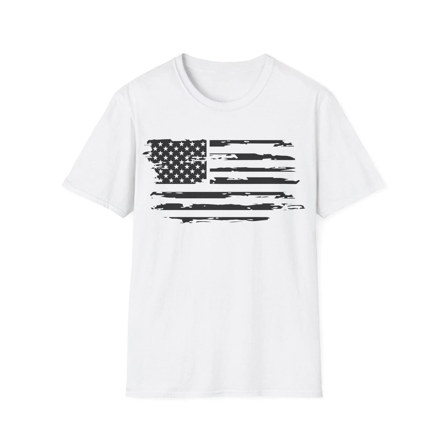 Printify distressed black and white American flag unisex softstyle cotton T-shirt with crew neck, regular fit, short sleeves