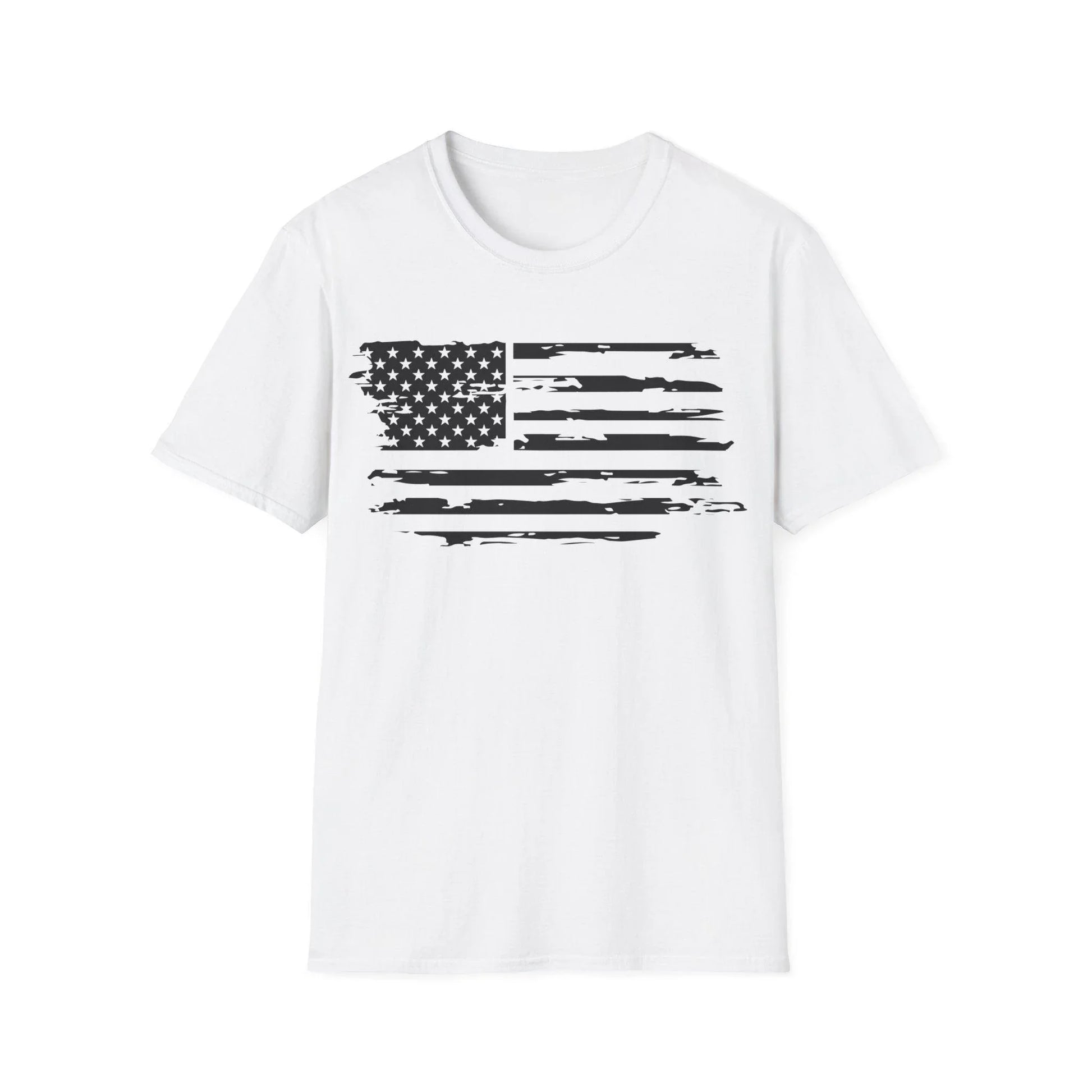 Printify distressed black and white American flag unisex softstyle cotton T-shirt with crew neck, regular fit, short sleeves