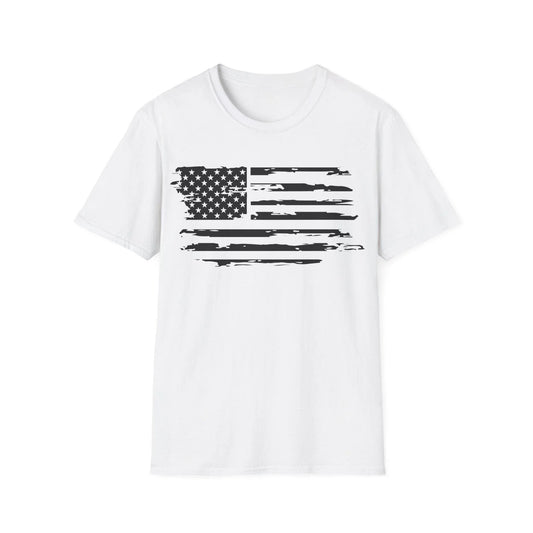 Printify distressed black and white American flag unisex softstyle cotton T-shirt with crew neck, regular fit, short sleeves
