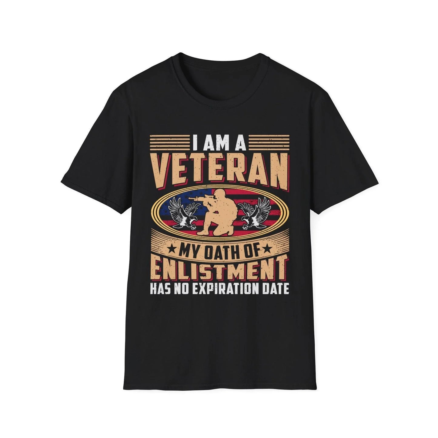 Printify unisex softstyle T-shirt with cotton fabric, crew neck, regular fit, black color, printed "Enlistment Has No
