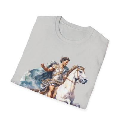 Close-up of the unisex T-shirt's fabric showing soft cotton blend texture and relaxed fit draping naturally from a slightly