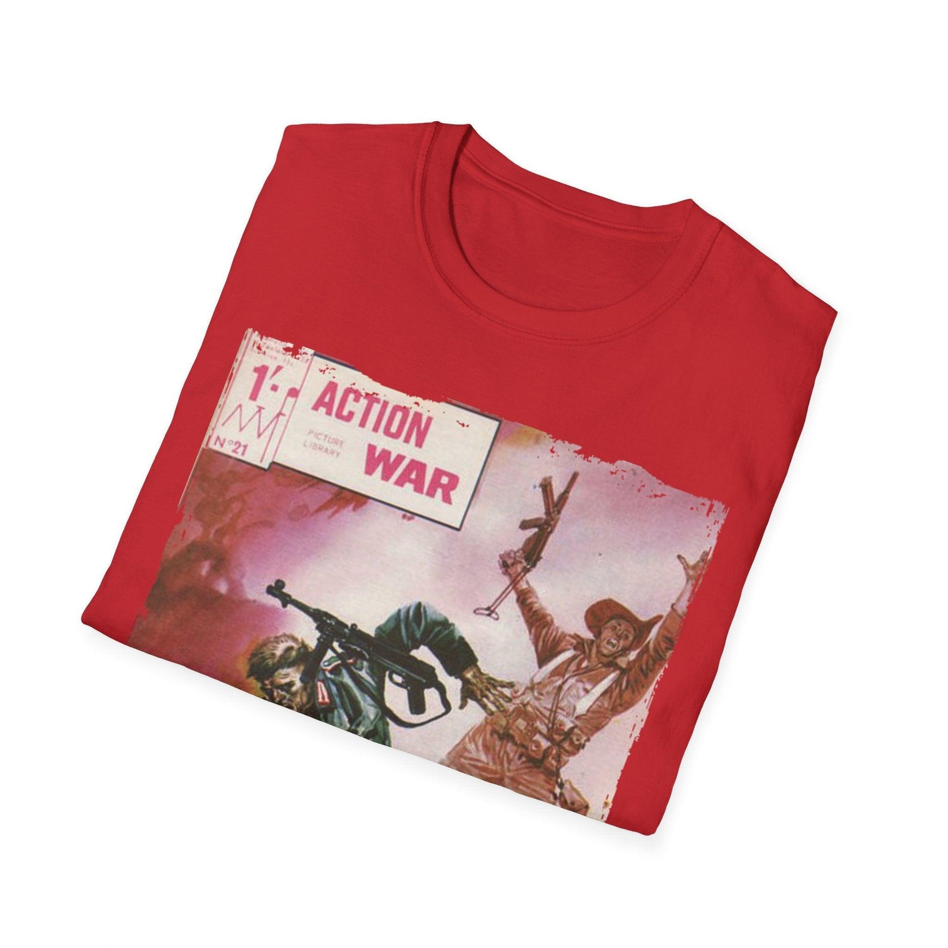 Close-up of the unisex softstyle T-shirt’s navy fabric displaying subtle heather texture and reinforced crew neckline