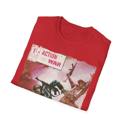 Close-up of the unisex softstyle T-shirt’s navy fabric displaying subtle heather texture and reinforced crew neckline