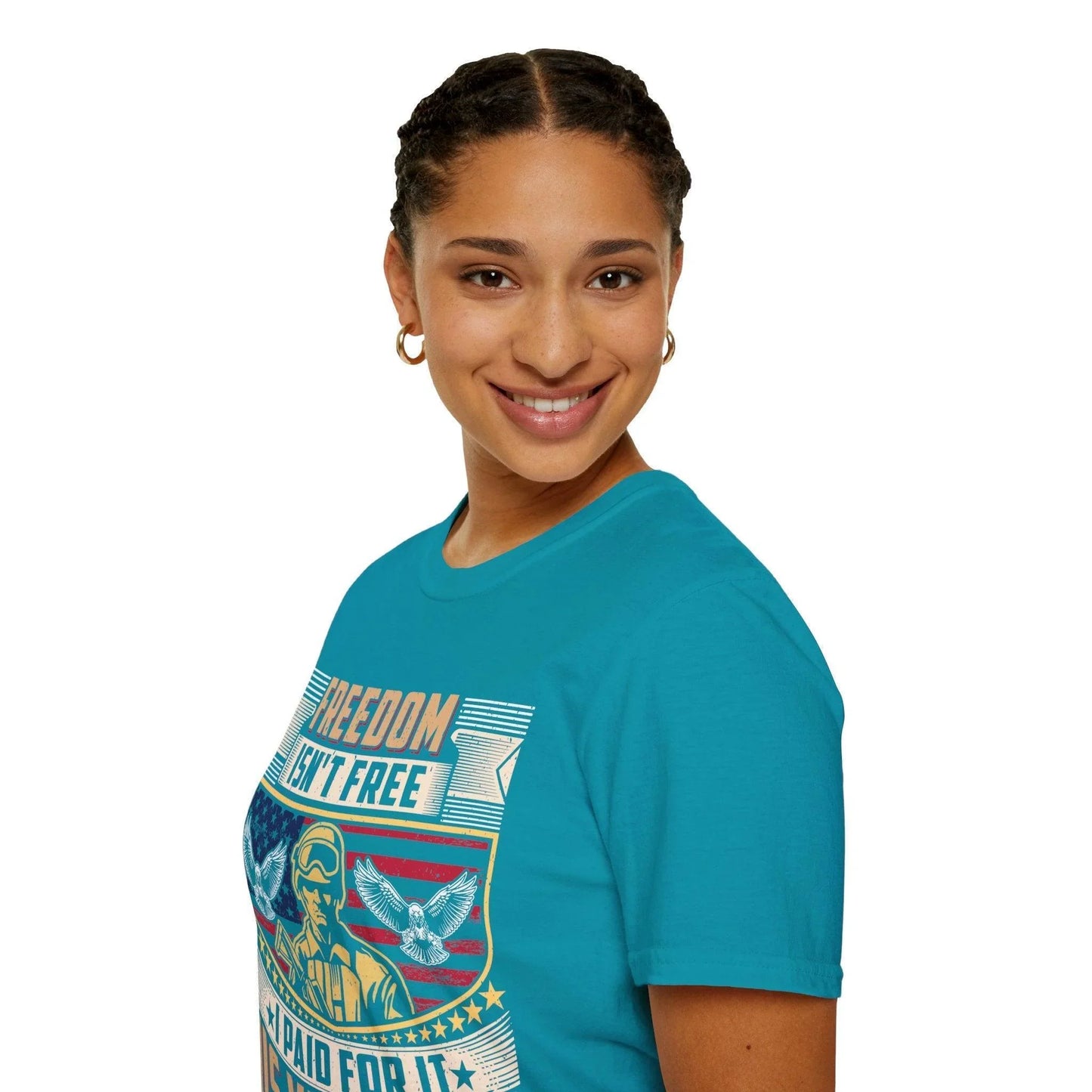 Close-up of the unisex softstyle T-shirt’s neatly stitched neckline and smooth fabric surface in charcoal gray color.