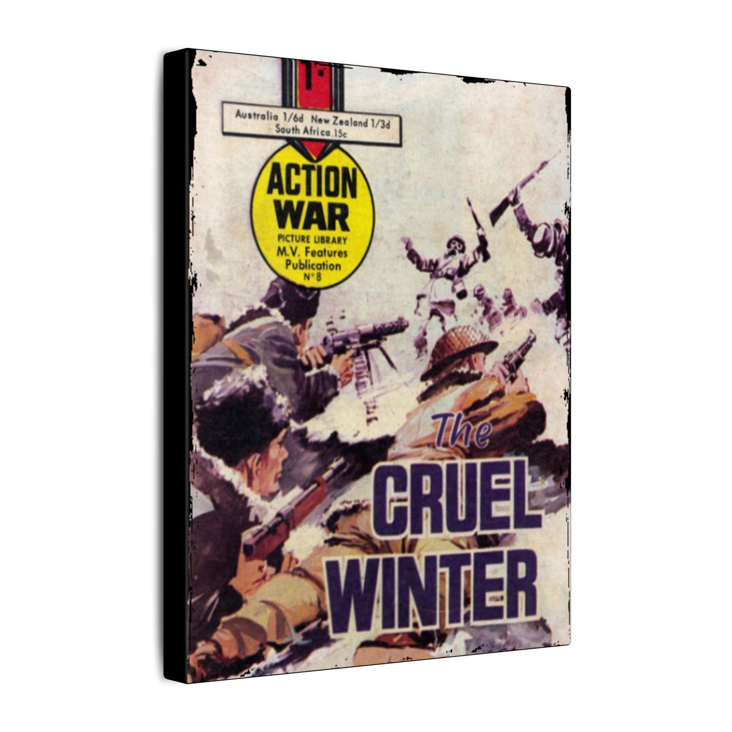 Close-up of the canvas texture highlighting vibrant ink strokes and fine detailing of the Action War #8 comic cover artwork.