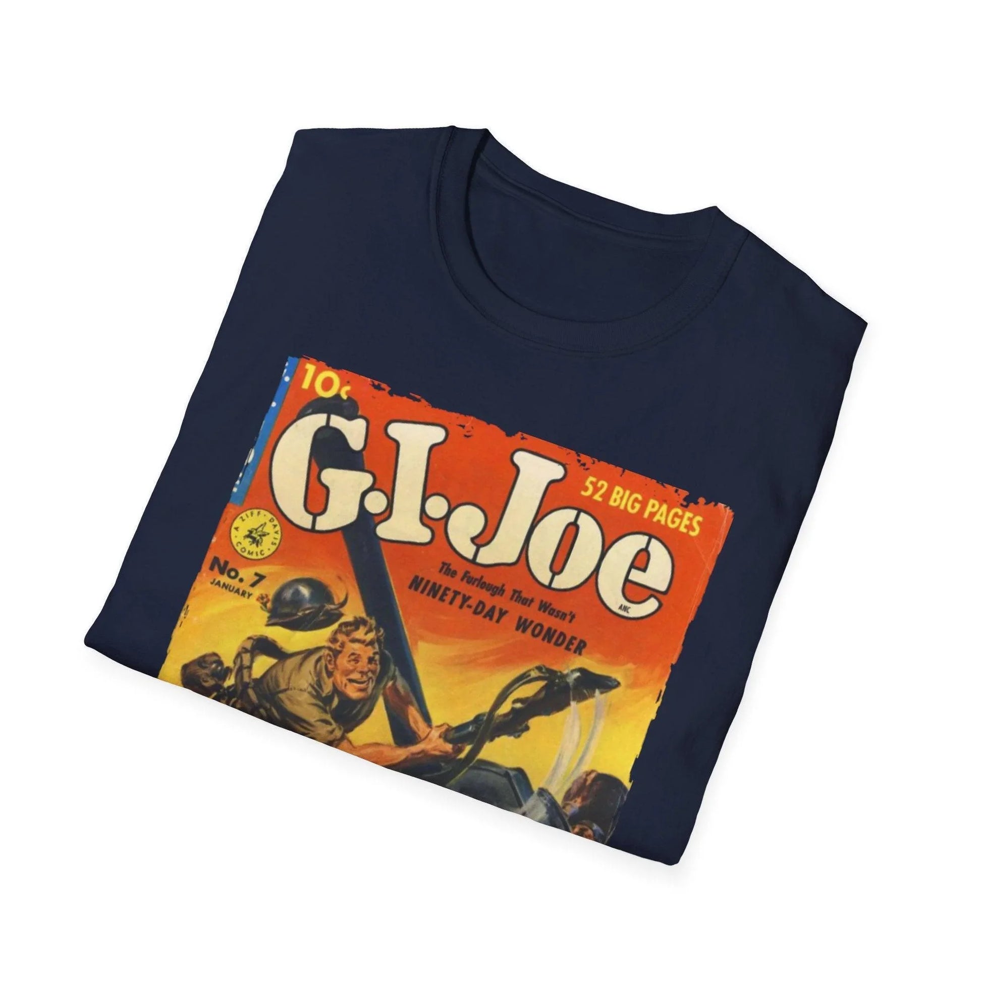 Close-up of the G.I. Joe No.7 unisex softstyle T-shirt fabric highlighting the smooth, medium-weight cotton blend and subtle