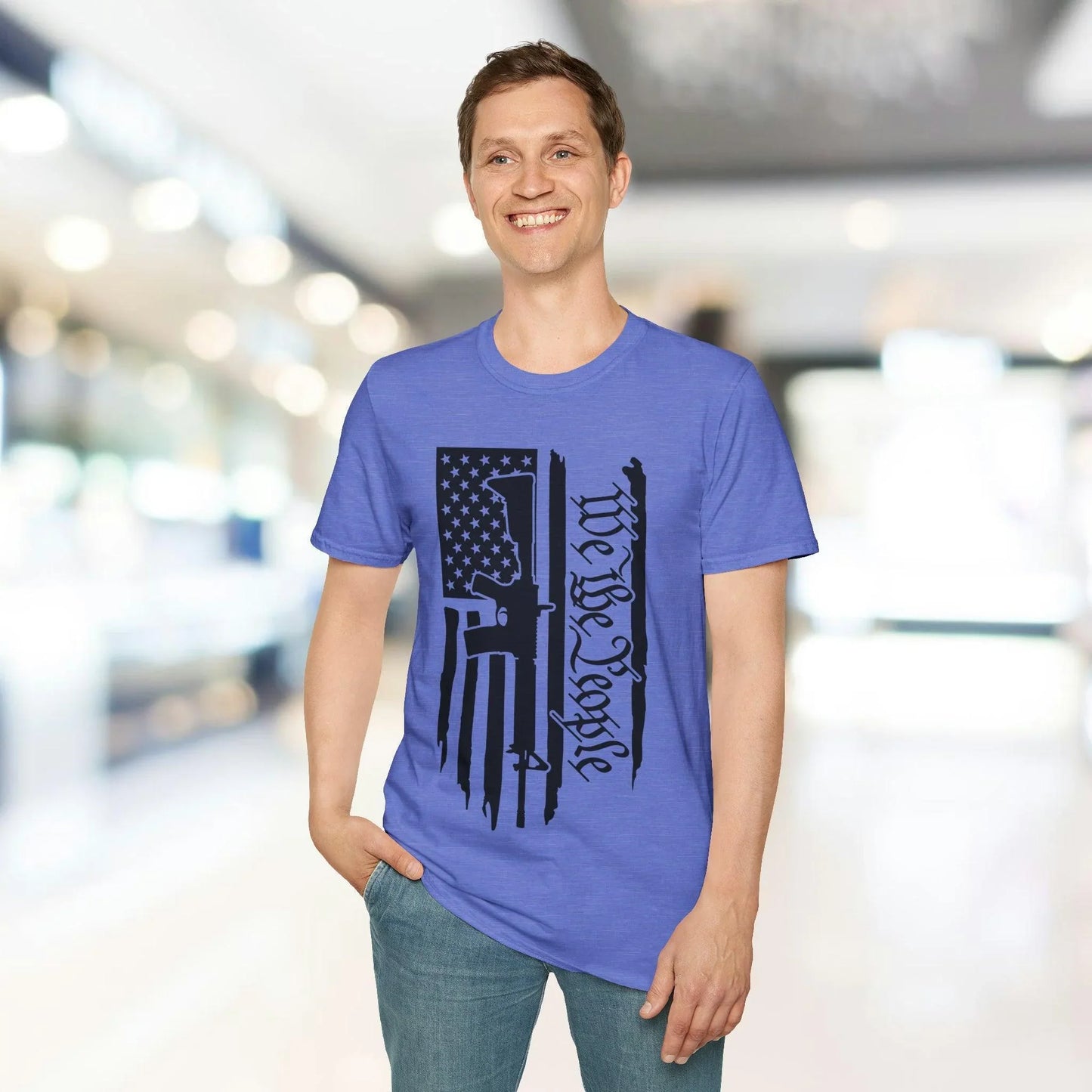 Close-up of distressed black-and-white American flag print on the chest, showcasing subtle fabric texture and vintage design