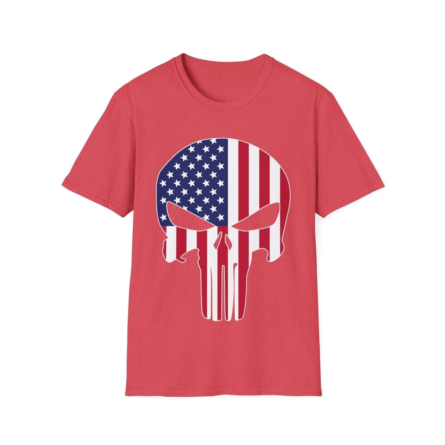 Close-up of the unisex softstyle T-shirt's neckline and sleeve seam in vibrant American Skull Flag colors, highlighting
