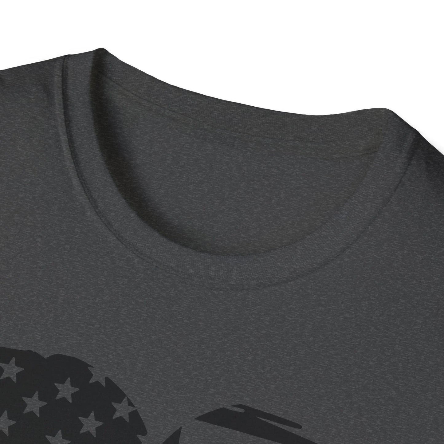 Close-up of the American Heart B&W unisex softstyle T-shirt's crew neckline and smooth fabric texture from a slightly