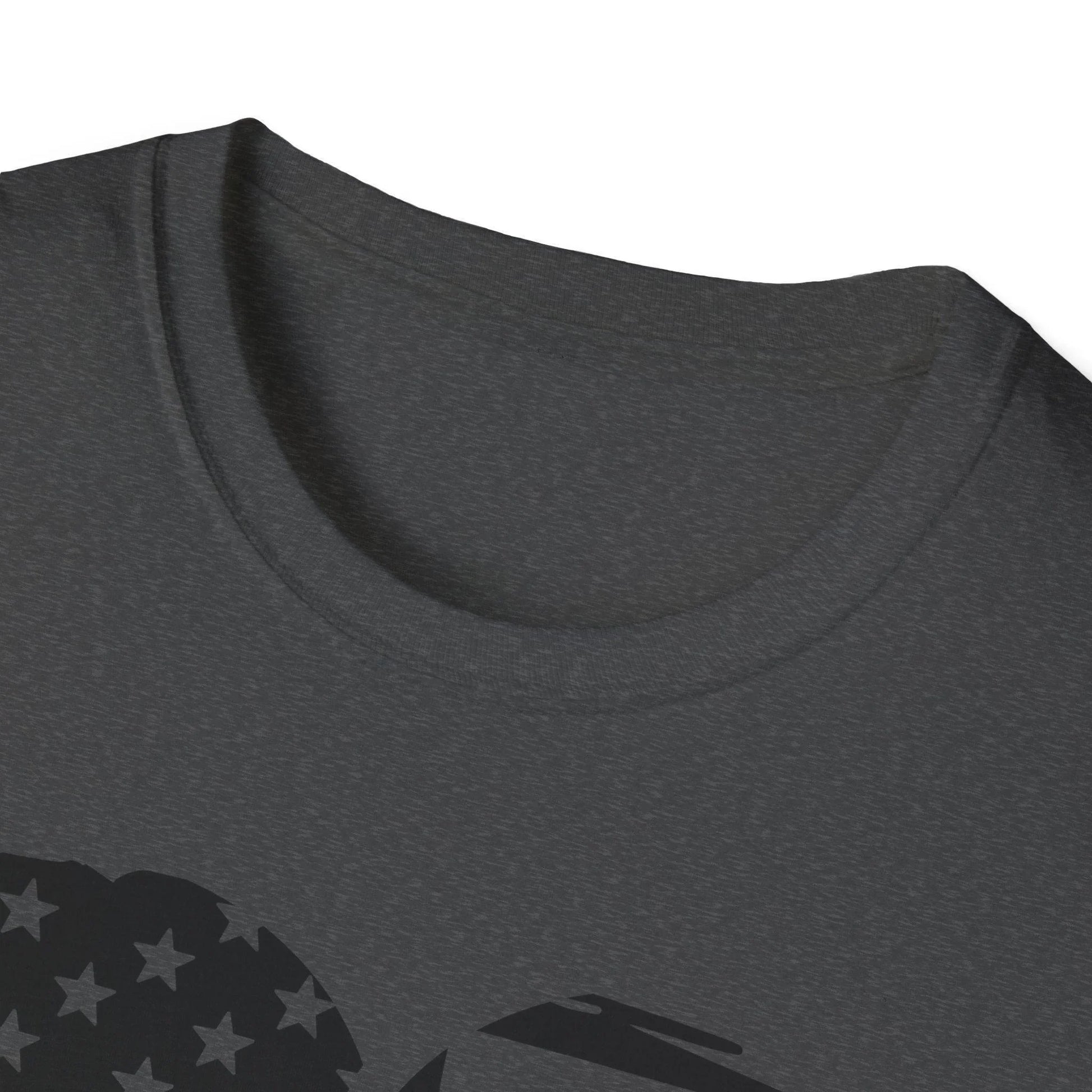Close-up of the American Heart B&W unisex softstyle T-shirt's crew neckline and smooth fabric texture from a slightly