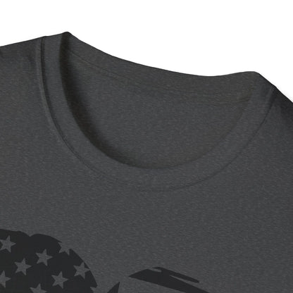 Close-up of the American Heart B&W unisex softstyle T-shirt's crew neckline and smooth fabric texture from a slightly