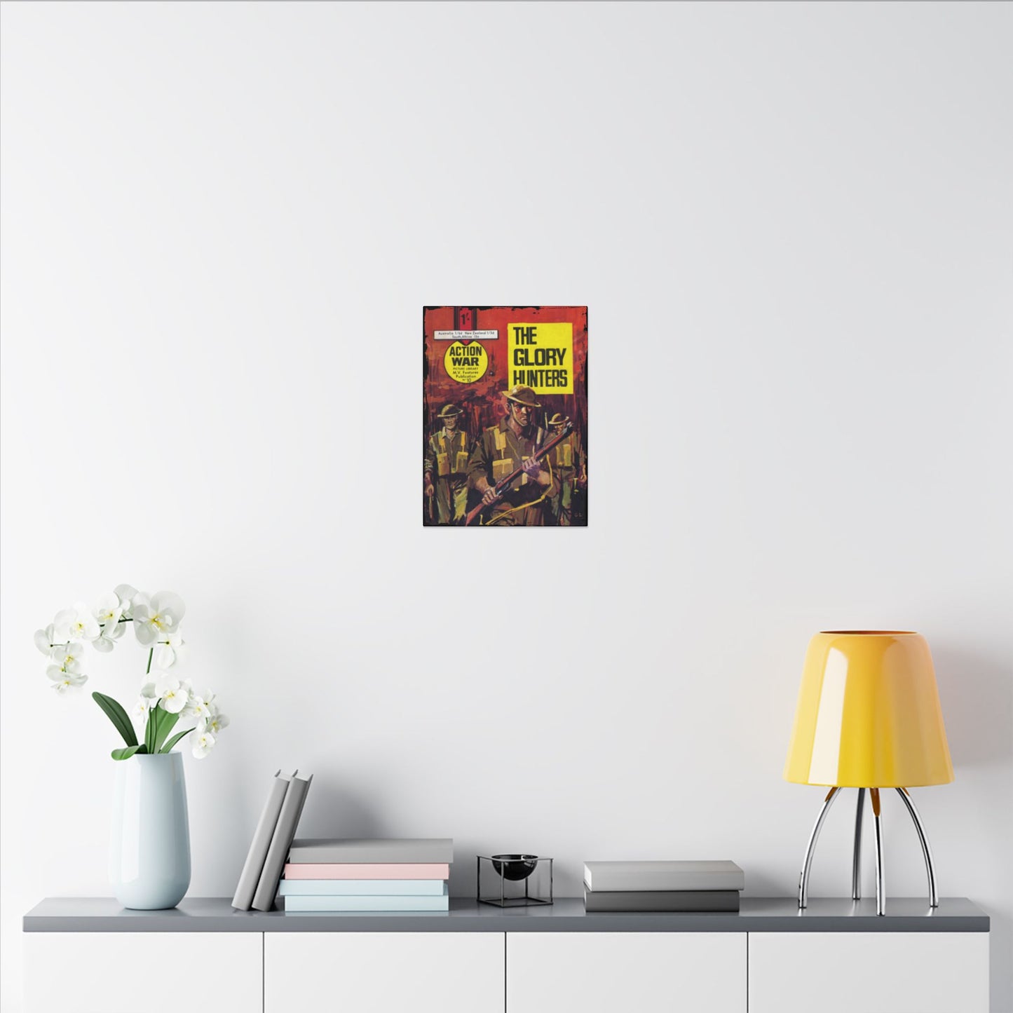 Close-up of the textured canvas surface highlighting the vibrant comic-style color accents and detailed print finish.