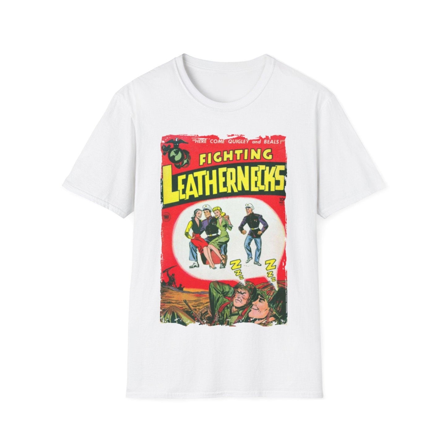 Close-up of the unisex softstyle T-shirt's neck seam highlighting reinforced stitching and smooth ribbed neckline in deep