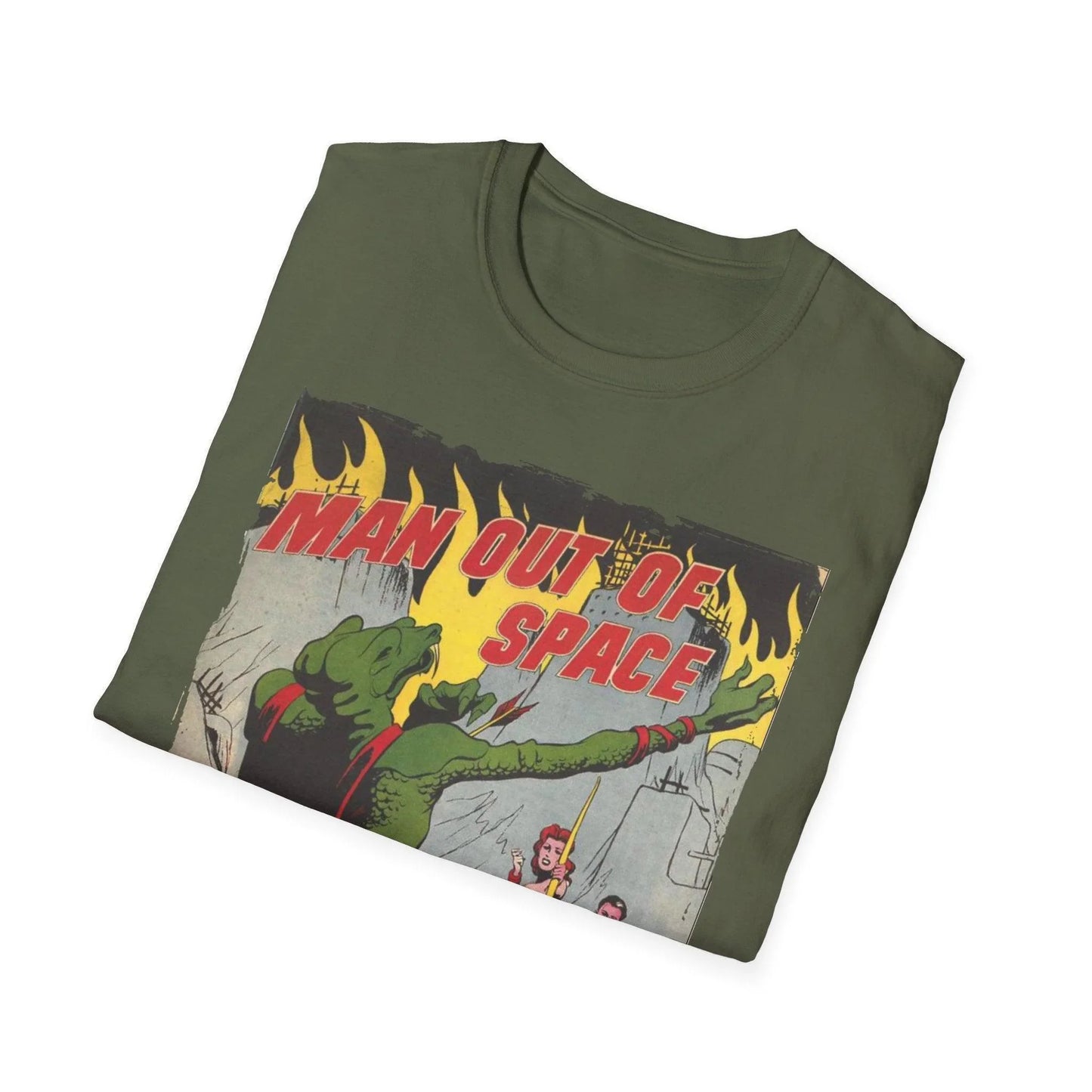 Close-up of the unisex softstyle T-shirt’s vibrant space-themed print on the chest from a slightly angled view, highlighting