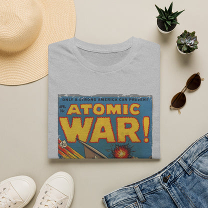 Close-up of the Atomic War! No 4 T-shirt's vibrant red fabric, showing the soft cotton blend and subtle woven texture from a