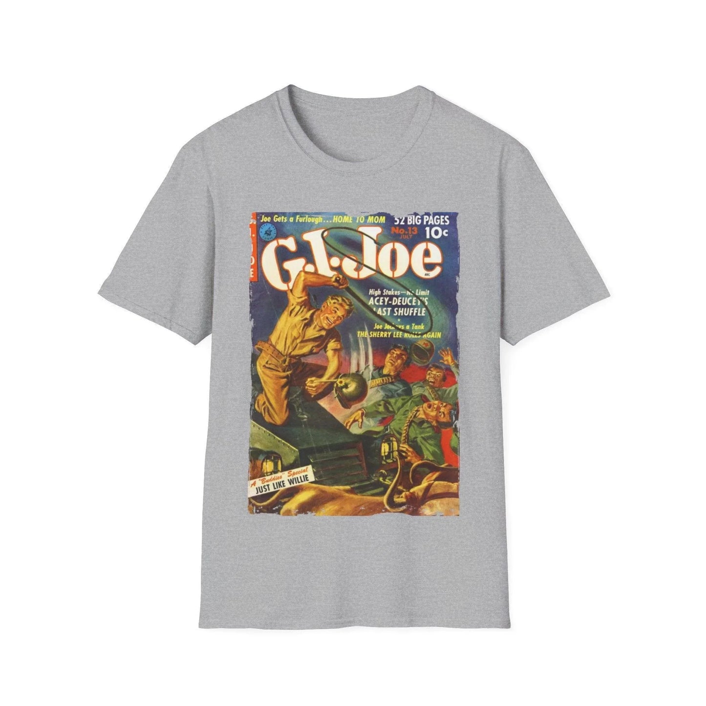 Close-up of the unisex softstyle T-shirt's neckline displaying smooth stitching and fabric texture in slate gray color