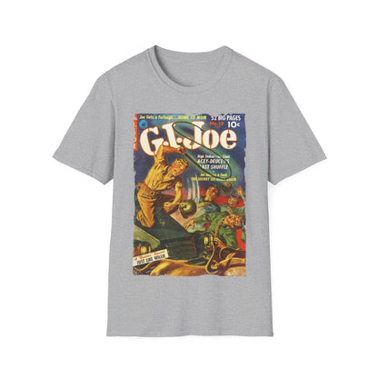 Close-up of the unisex softstyle T-shirt's neckline displaying smooth stitching and fabric texture in slate gray color