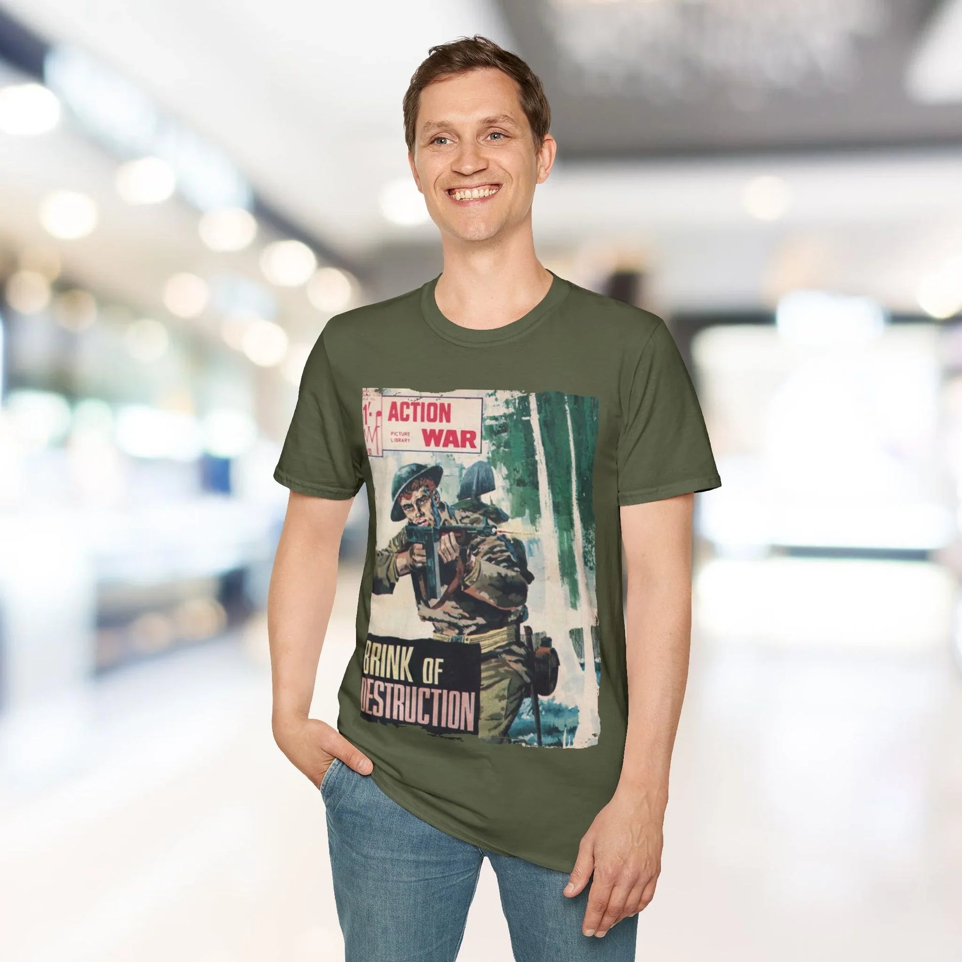 Close-up of the unisex softstyle T-shirt's relaxed fit and vibrant navy color, highlighting the smooth fabric and stitched