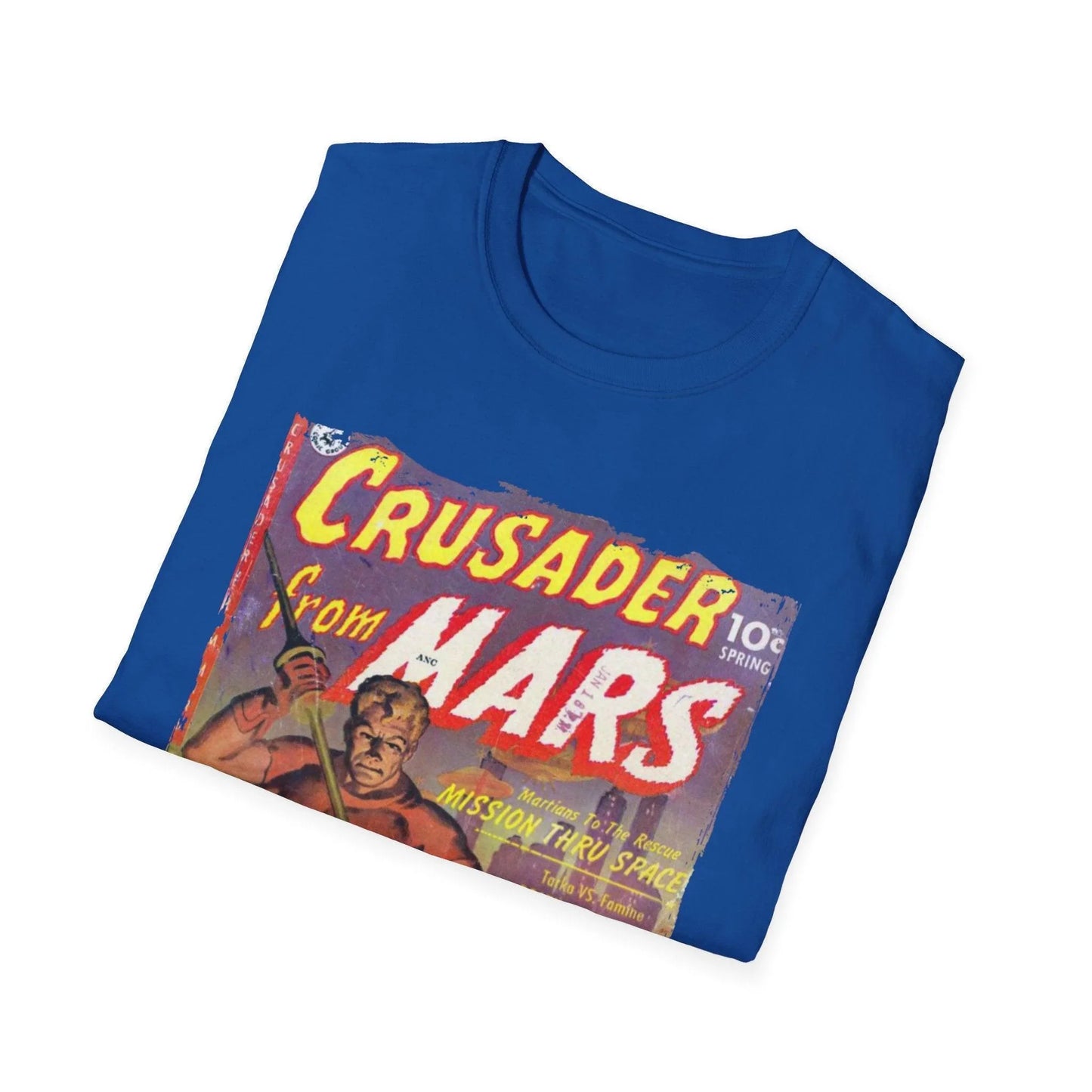 Close-up of the Crusader from Mars 1 T-shirt fabric weave with vibrant red color and visible soft cotton fibers on the chest