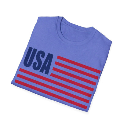 Close-up of the American flag design on the chest area showing vibrant colors and detailed stitching on the soft cotton