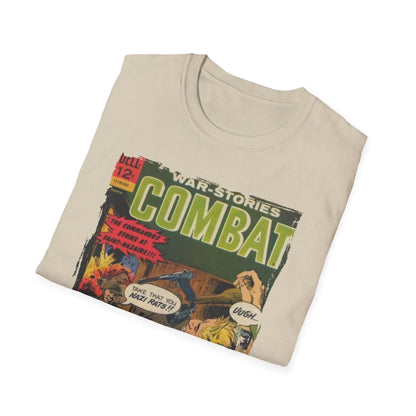 Close-up of the Combat March 1966 T-shirt's front neckline and shoulder seam, showcasing smooth black fabric and reinforced