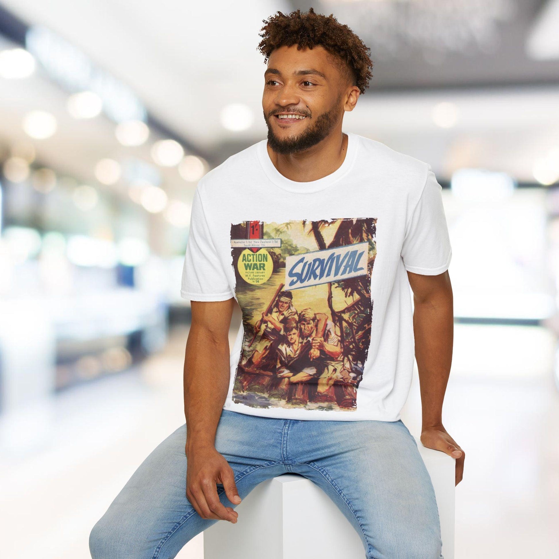 Close-up of the unisex softstyle T-shirt's fabric texture revealing its smooth, relaxed fit and vibrant red color from a