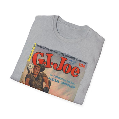 Close-up of the G.I. Joe No.20 softstyle T-shirt fabric’s smooth texture and subtle heather pattern at the neckline and