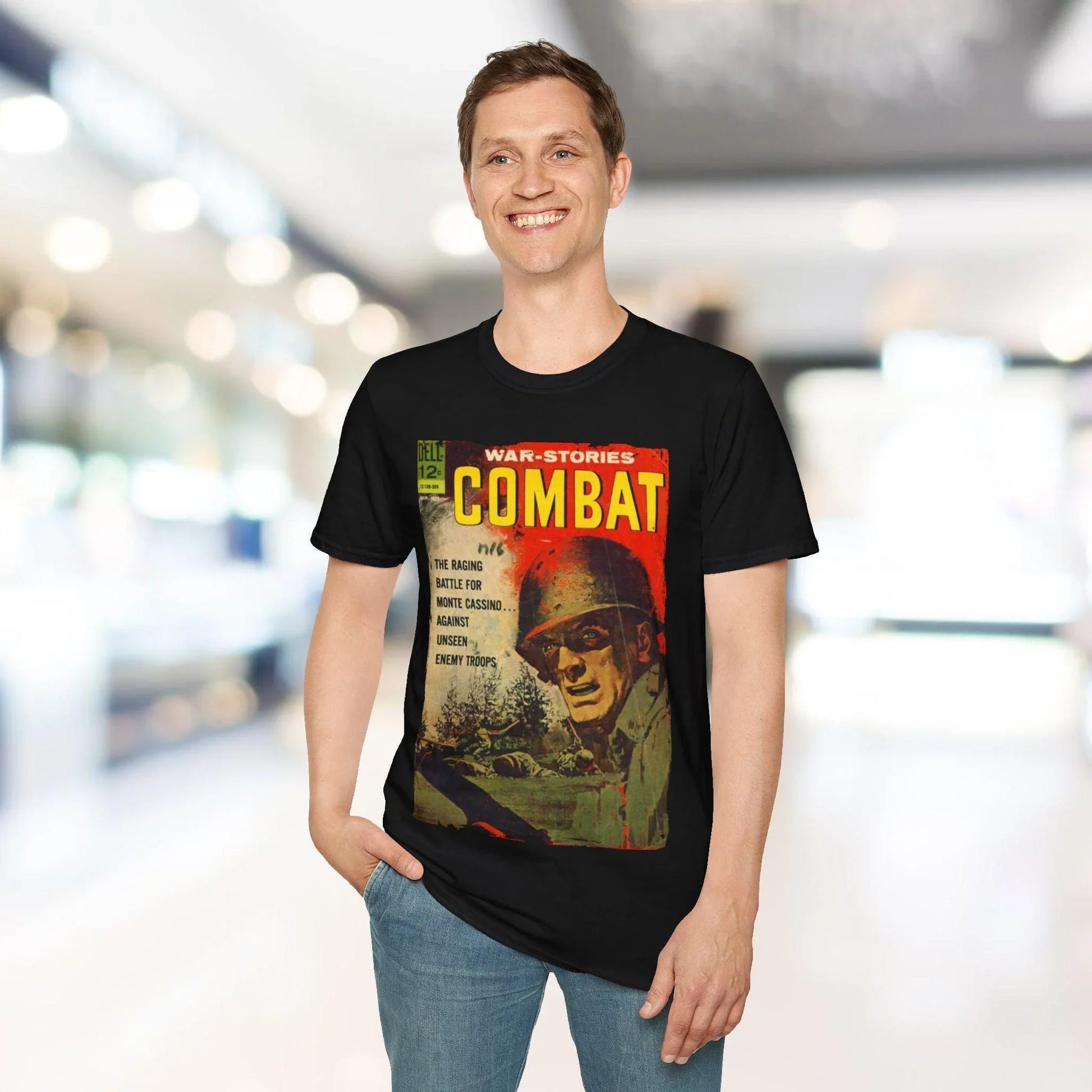 Close-up of the Combat Sept 1963 unisex T-shirt neckline showcasing reinforced stitching and smooth cotton fabric in deep