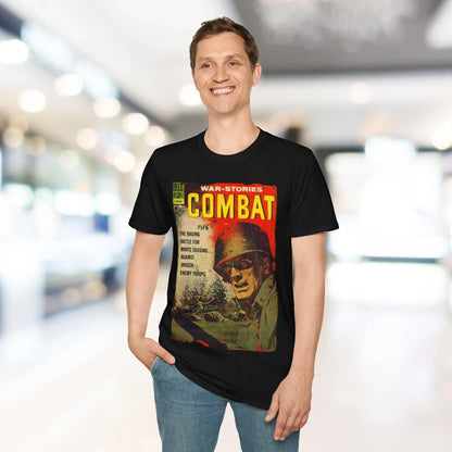 Close-up of the Combat Sept 1963 unisex T-shirt neckline showcasing reinforced stitching and smooth cotton fabric in deep