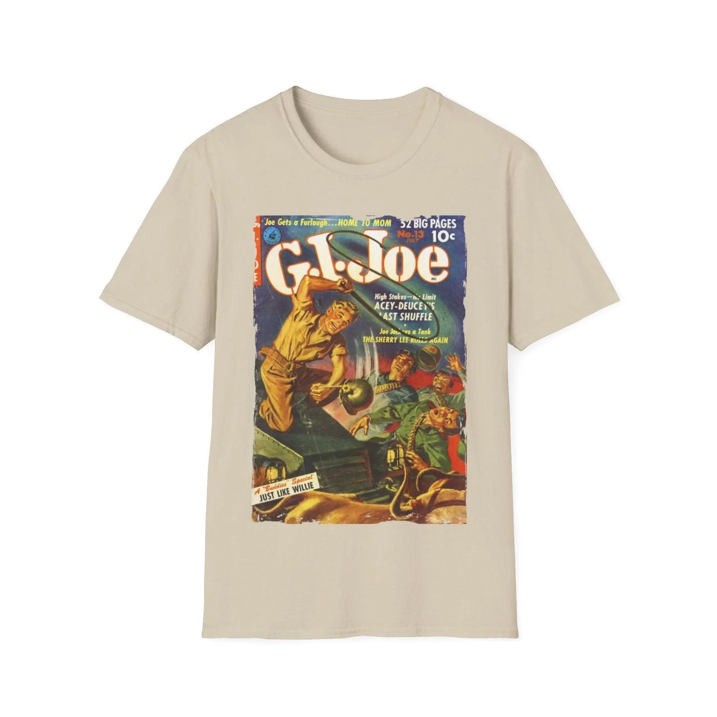 Close-up of the G.I. Joe No.13 July T-shirt label revealing softstyle cotton blend and unisex fit at the collar seam.