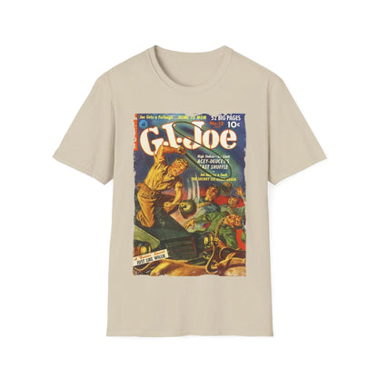 Close-up of the G.I. Joe No.13 July T-shirt label revealing softstyle cotton blend and unisex fit at the collar seam.