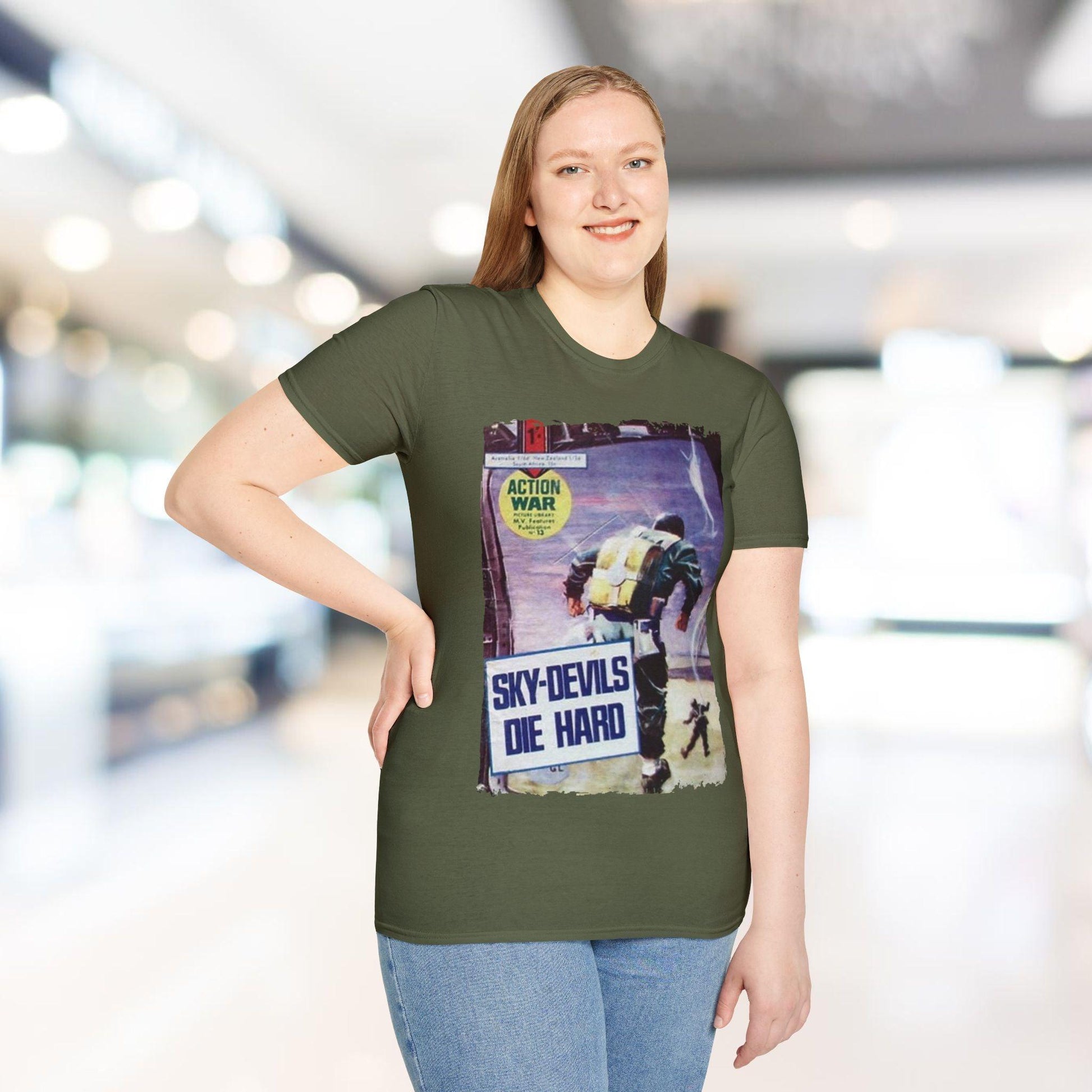 Close-up of the unisex softstyle T-shirt's fabric texture highlighting smooth cotton blend and relaxed fit at the sleeve