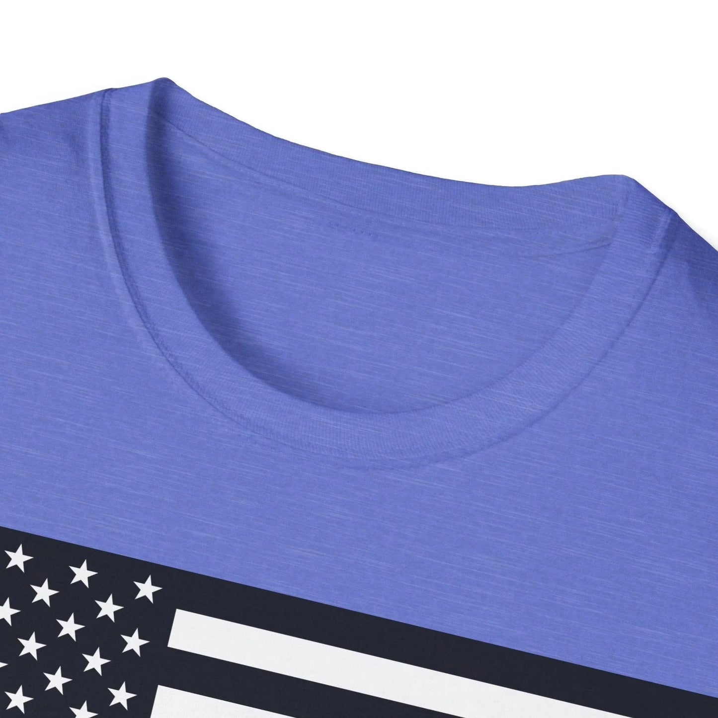 Close-up of the American Flag Heartbeat B&W design on the chest with visible fabric texture and crisp black-and-white print