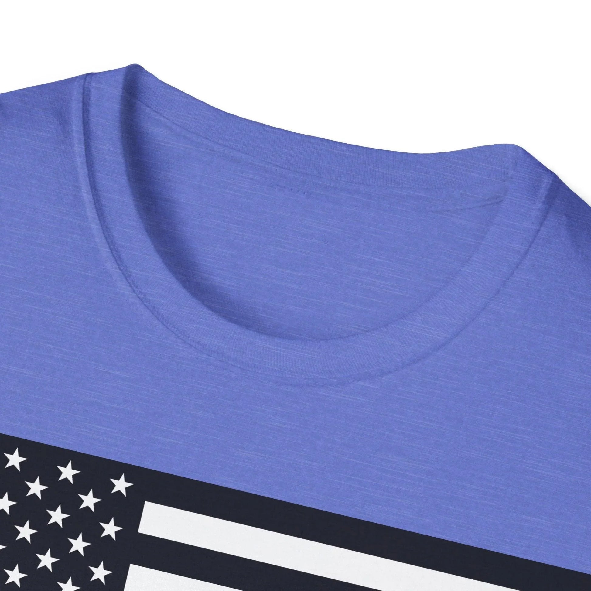 Close-up of the American Flag Heartbeat B&W design on the chest with visible fabric texture and crisp black-and-white print