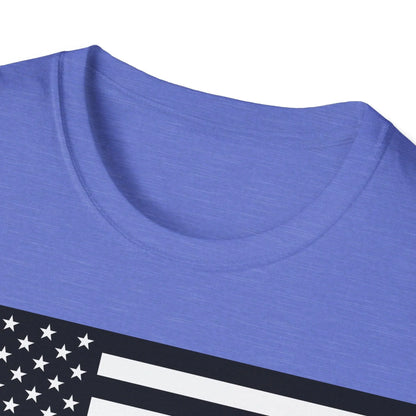 Close-up of the American Flag Heartbeat B&W design on the chest with visible fabric texture and crisp black-and-white print