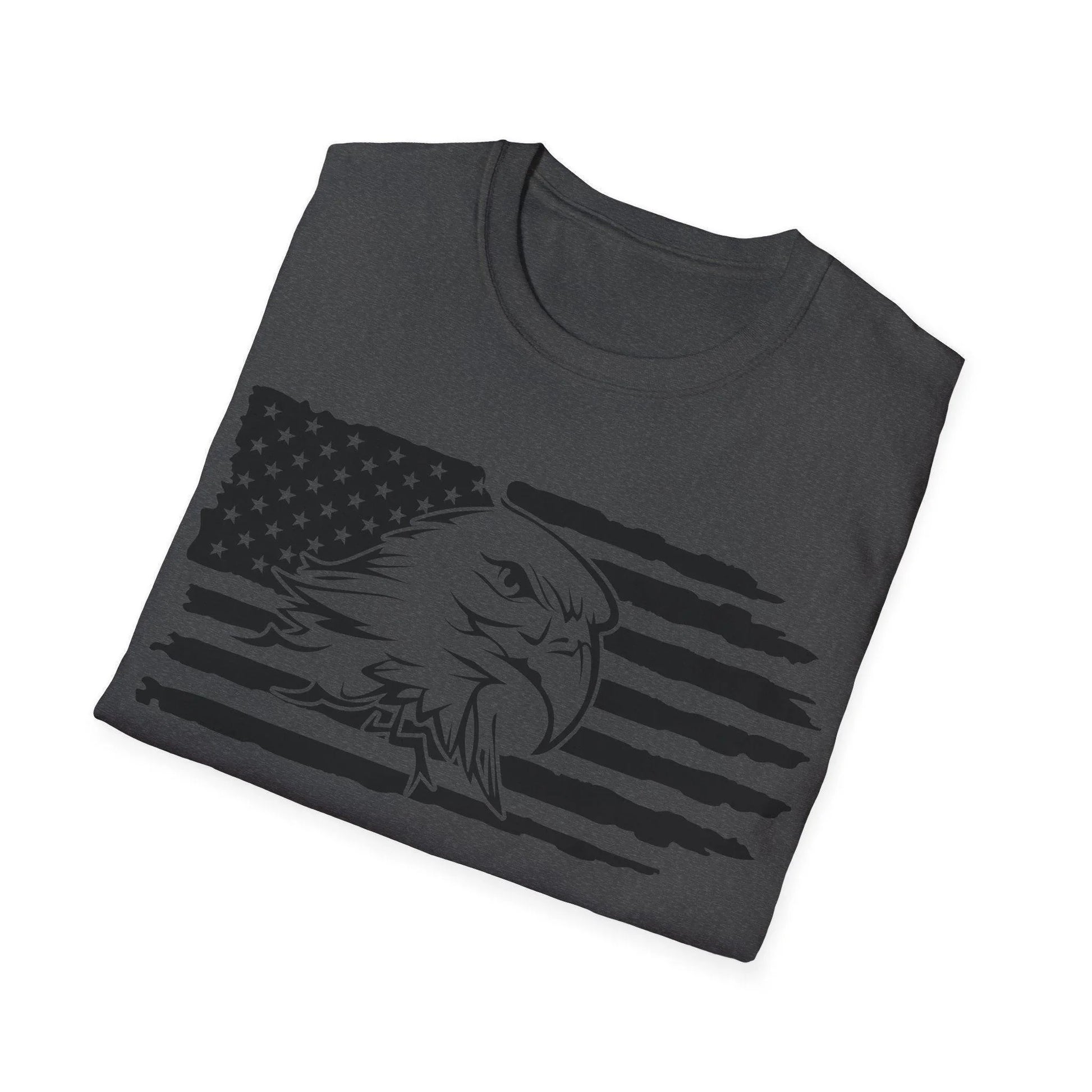 Close-up of distressed American flag design on soft cotton fabric, highlighting the bold black and white pattern and