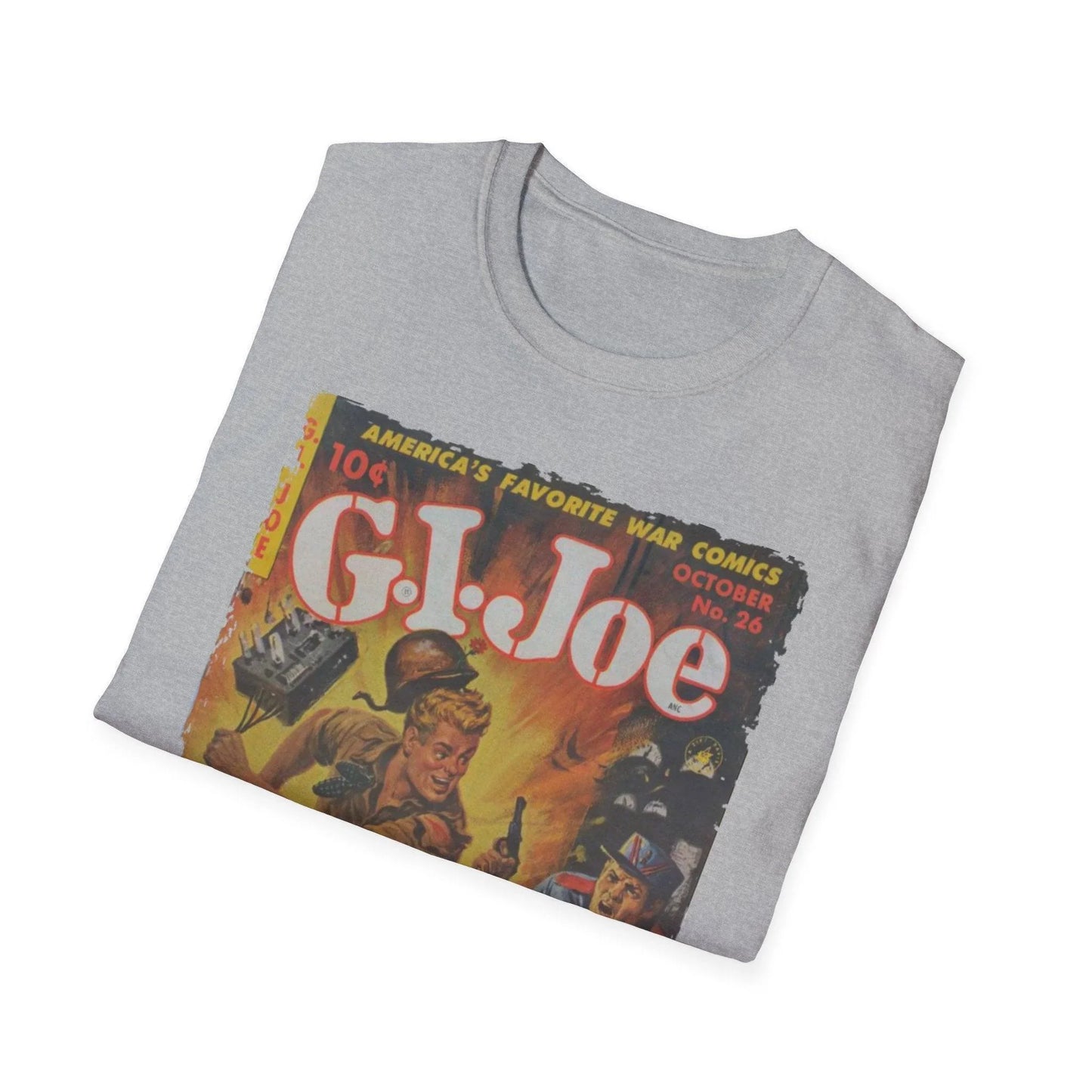 Close-up of the G.I. Joe No.26 unisex softstyle T-shirt's lightweight cotton fabric with visible stitching along the relaxed