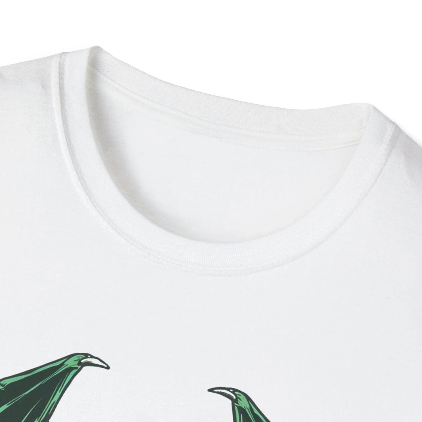 Close-up of Cthulhu graphic detail on forest green, unisex softstyle T-shirt with relaxed fit and crew neckline