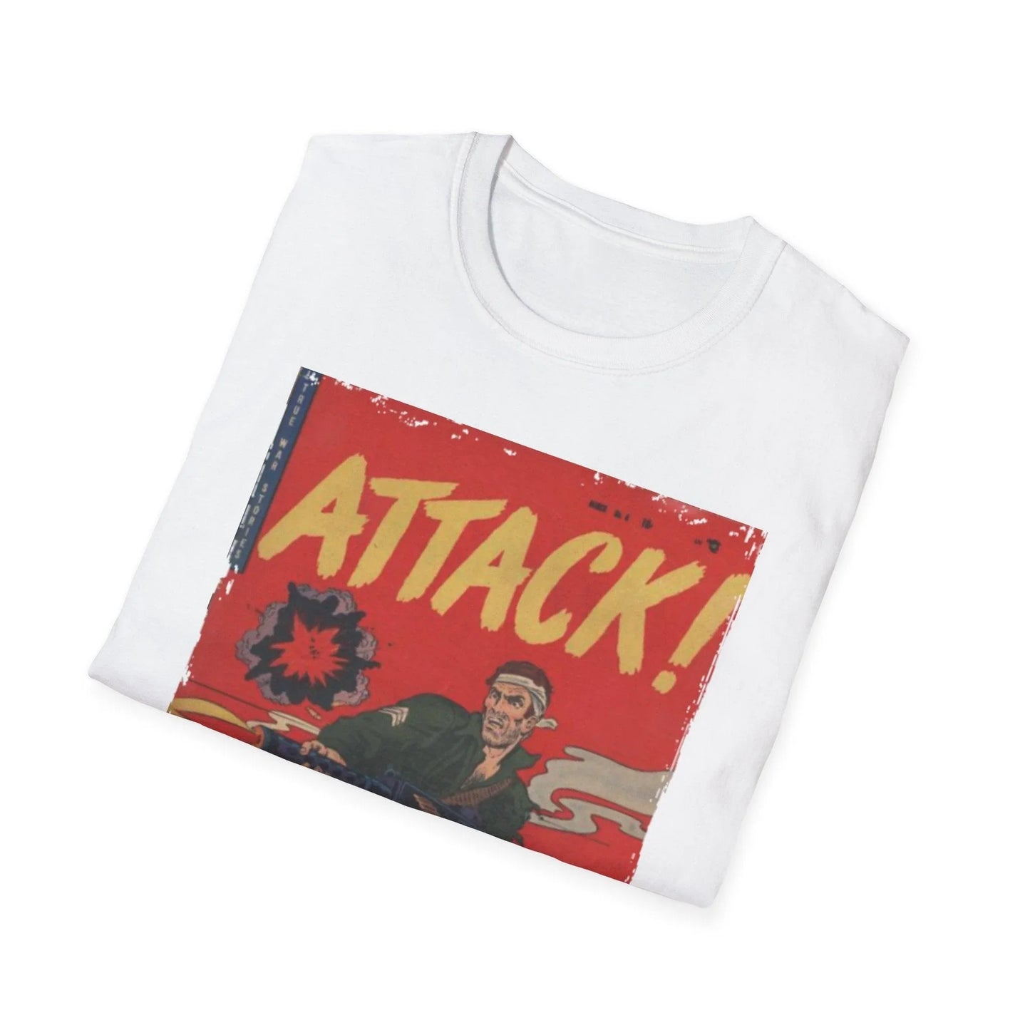 Close-up of the soft cotton fabric and subtle heather texture of the charcoal gray Attack! No. 6 T-Shirt from a slightly