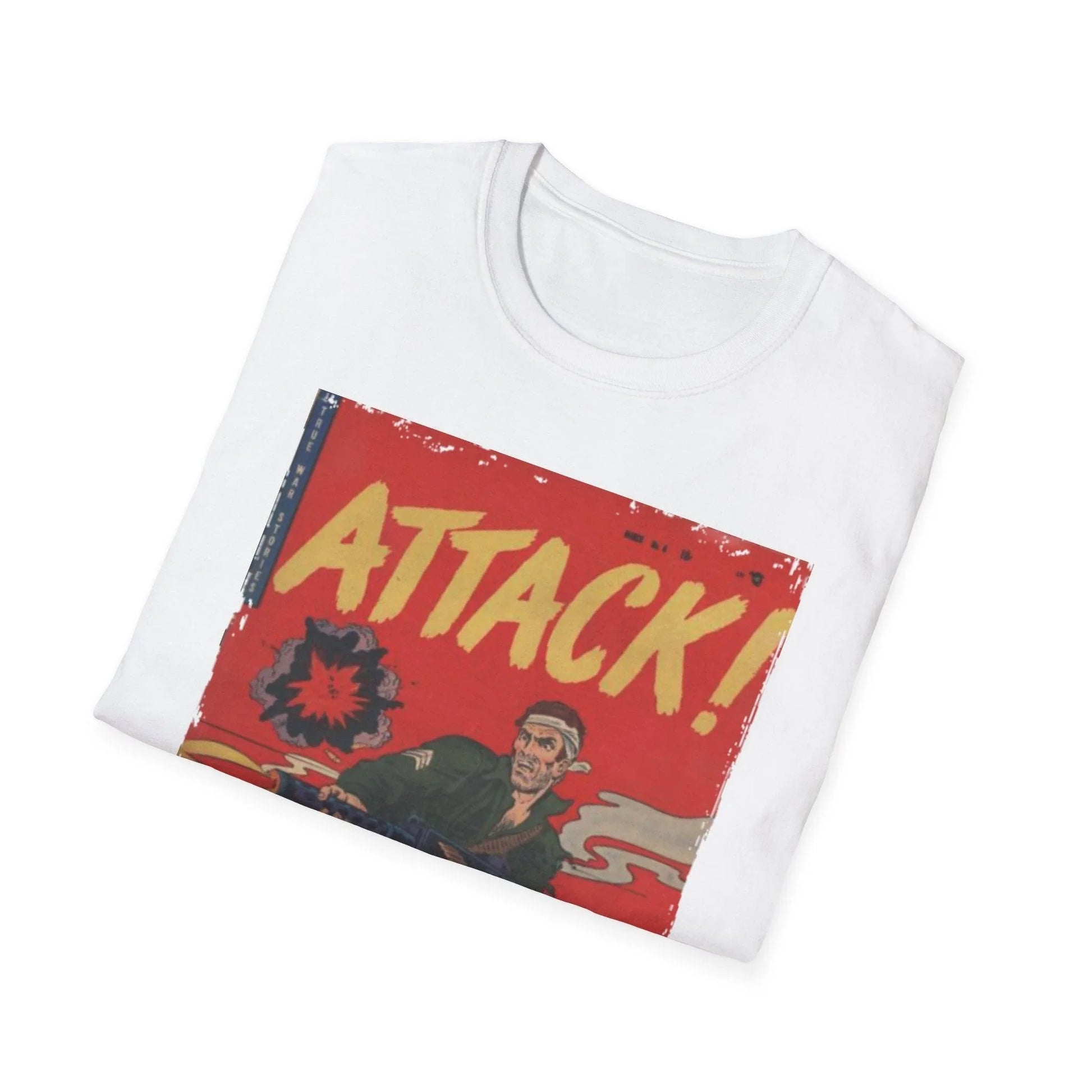 Close-up of the soft cotton fabric and subtle heather texture of the charcoal gray Attack! No. 6 T-Shirt from a slightly