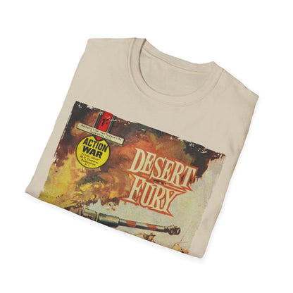 Close-up of the unisex softstyle T-shirt's textured fabric and ribbed crew neckline in vibrant blue from a front angled shot