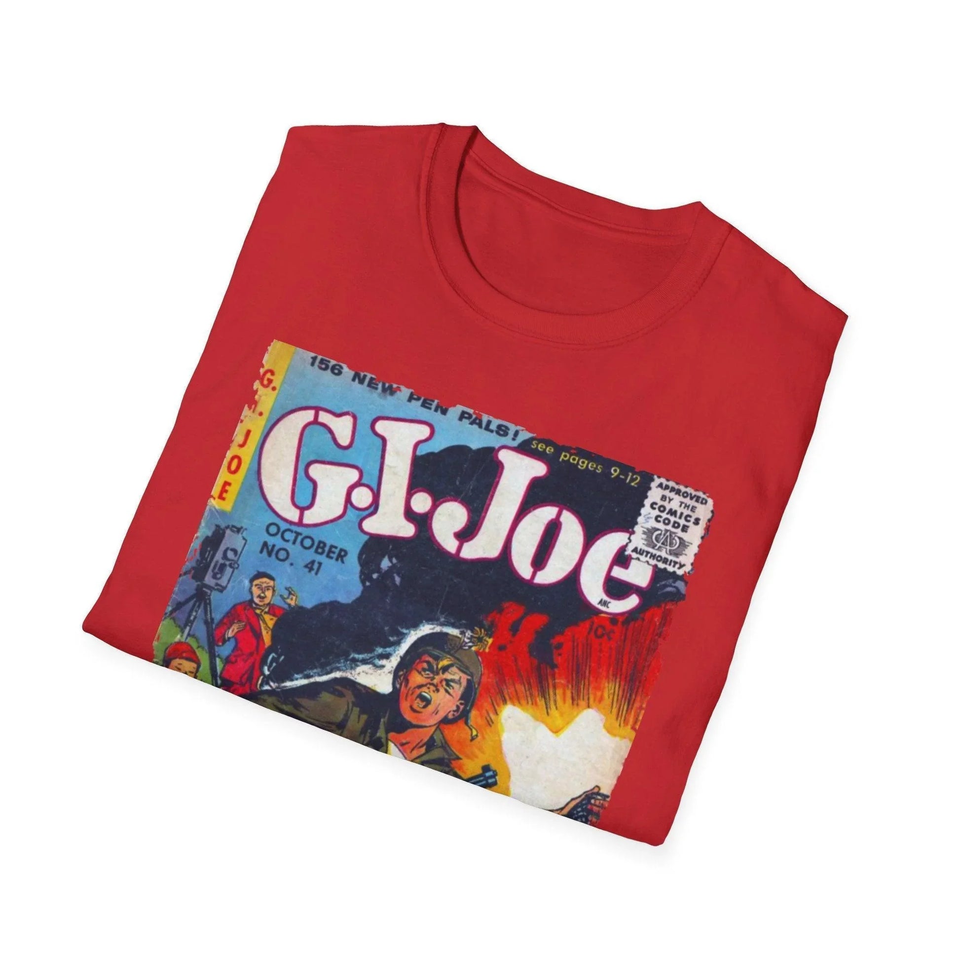 Close-up of the G.I. Joe No.41 softstyle T-shirt’s neck seam highlighting smooth stitching and relaxed fit in crisp black