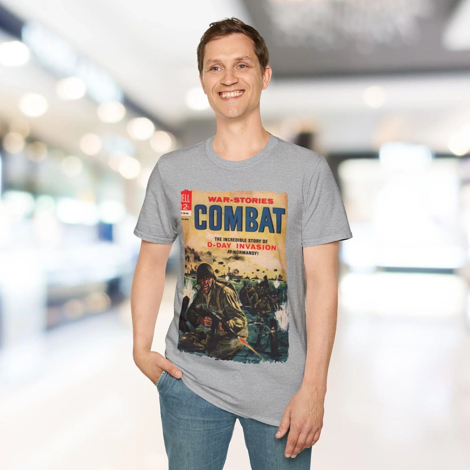 Close-up of the Combat Mar 1964 unisex softstyle T-shirt's neckline stitching and subtle fabric texture in deep navy color.