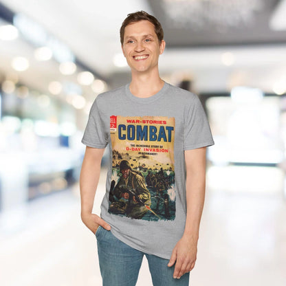 Close-up of the Combat Mar 1964 unisex softstyle T-shirt's neckline stitching and subtle fabric texture in deep navy color.